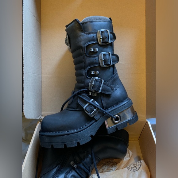 New Rock Black Leather Lace Up Boots - Picture 3 of 6